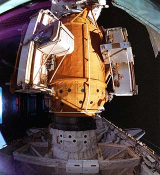 The Docking Module framed by the aft flight deck windows. 